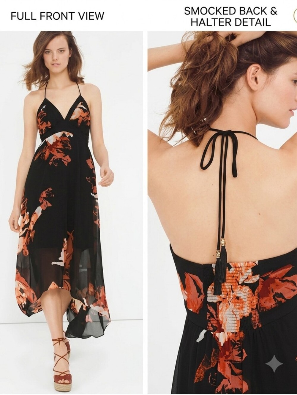White House Black Market Black Halter Maxi Dress with Rust Floral Print